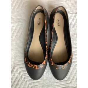 Crocs Women's W8 Black Flats Comfort Shoes Leopard Print Trim‎ Slip-On Casual
